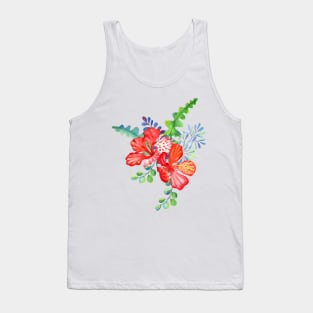 Exotic red Hibiscus flowers and tropical leaves bouquet Tank Top